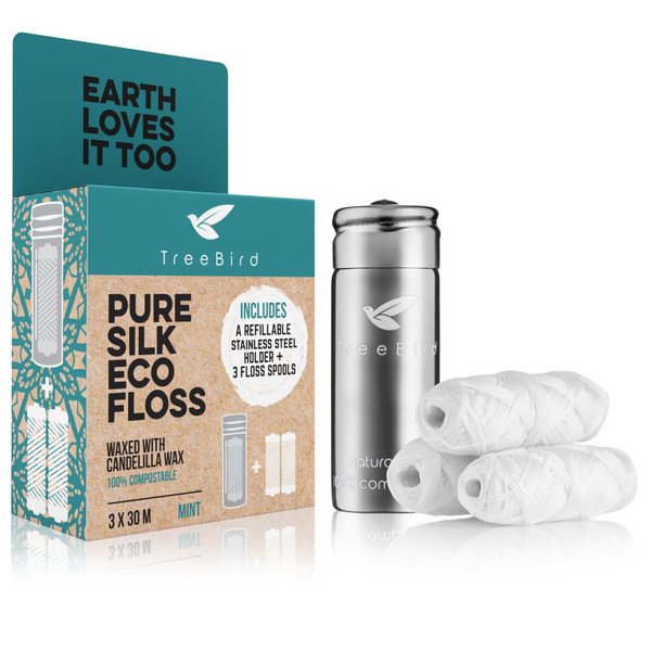Pure Silk Eco Floss by TreeBird | Stainless Steel Dispenser